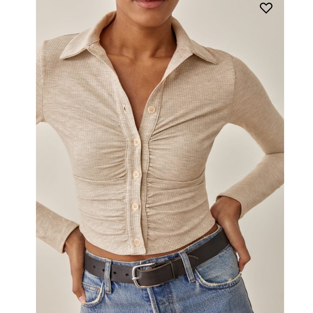 Reformation Beige Ribbed Ruched Button-Front Long Sleeve Top